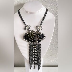 Sculptural Statement Necklace Gunmetal Fringe Mixed Media Wearable Art